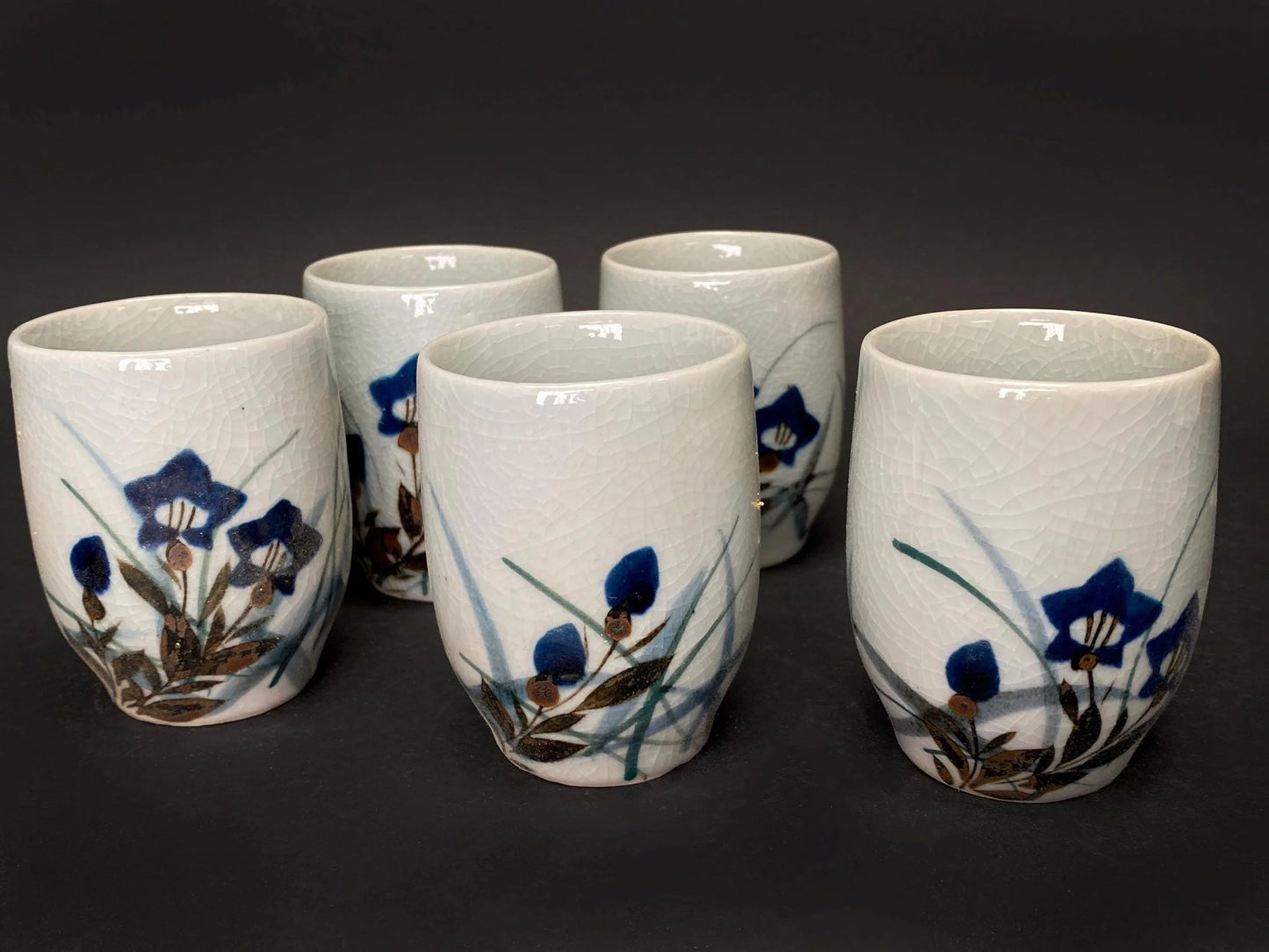 Japanese Yunomi Tea Cups Set of 5: Hand Painted Porcelain  floral cups with Crackle Glaze
