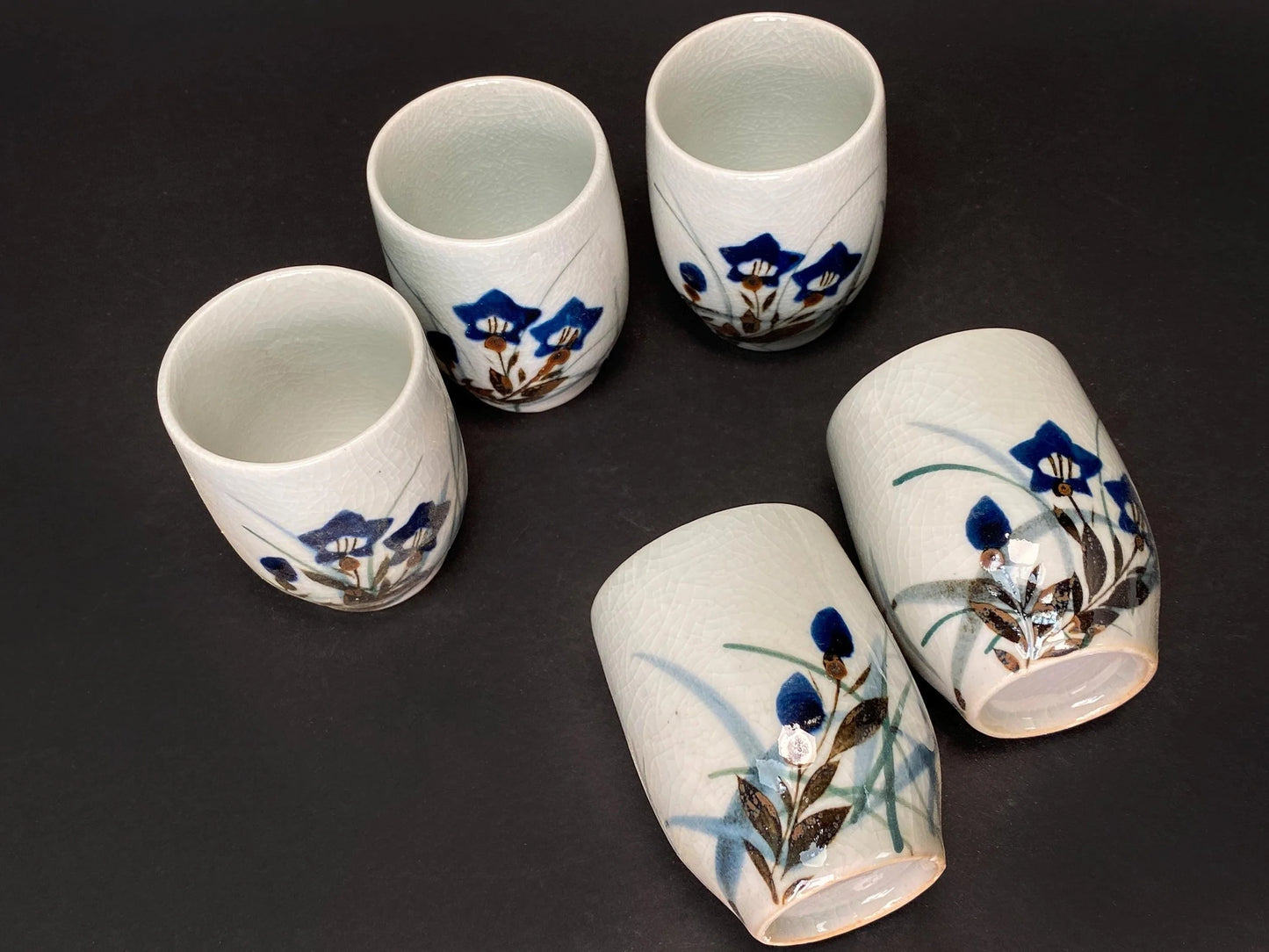 Japanese Yunomi Tea Cups Set of 5: Hand Painted Porcelain  floral cups with Crackle Glaze
