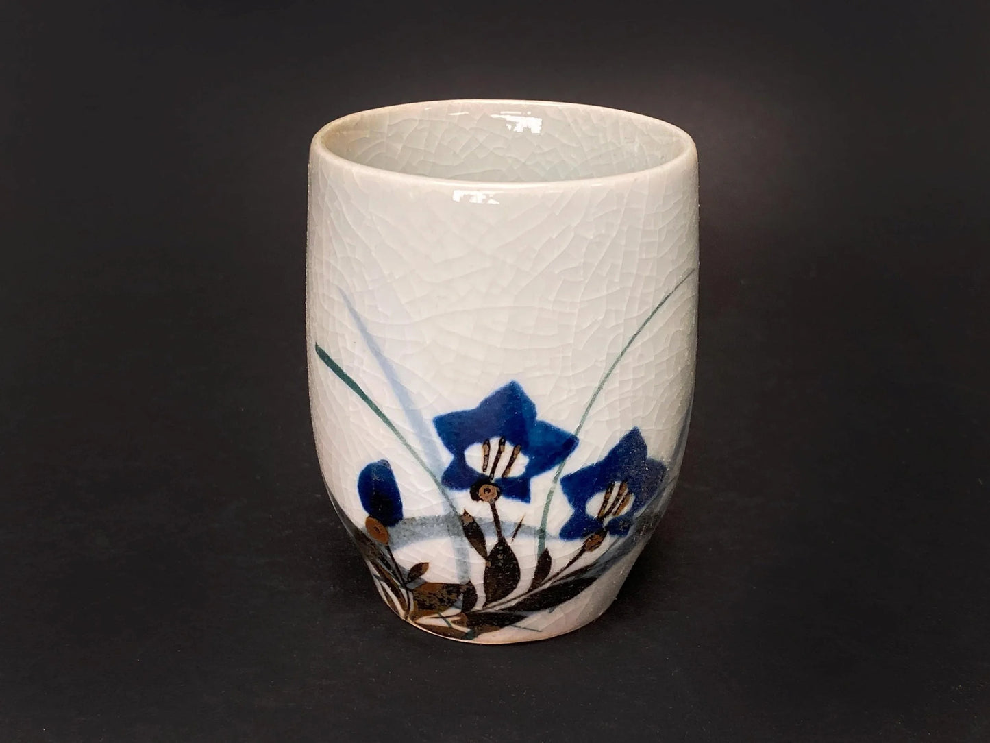 Japanese Yunomi Tea Cups Set of 5: Hand Painted Porcelain  floral cups with Crackle Glaze