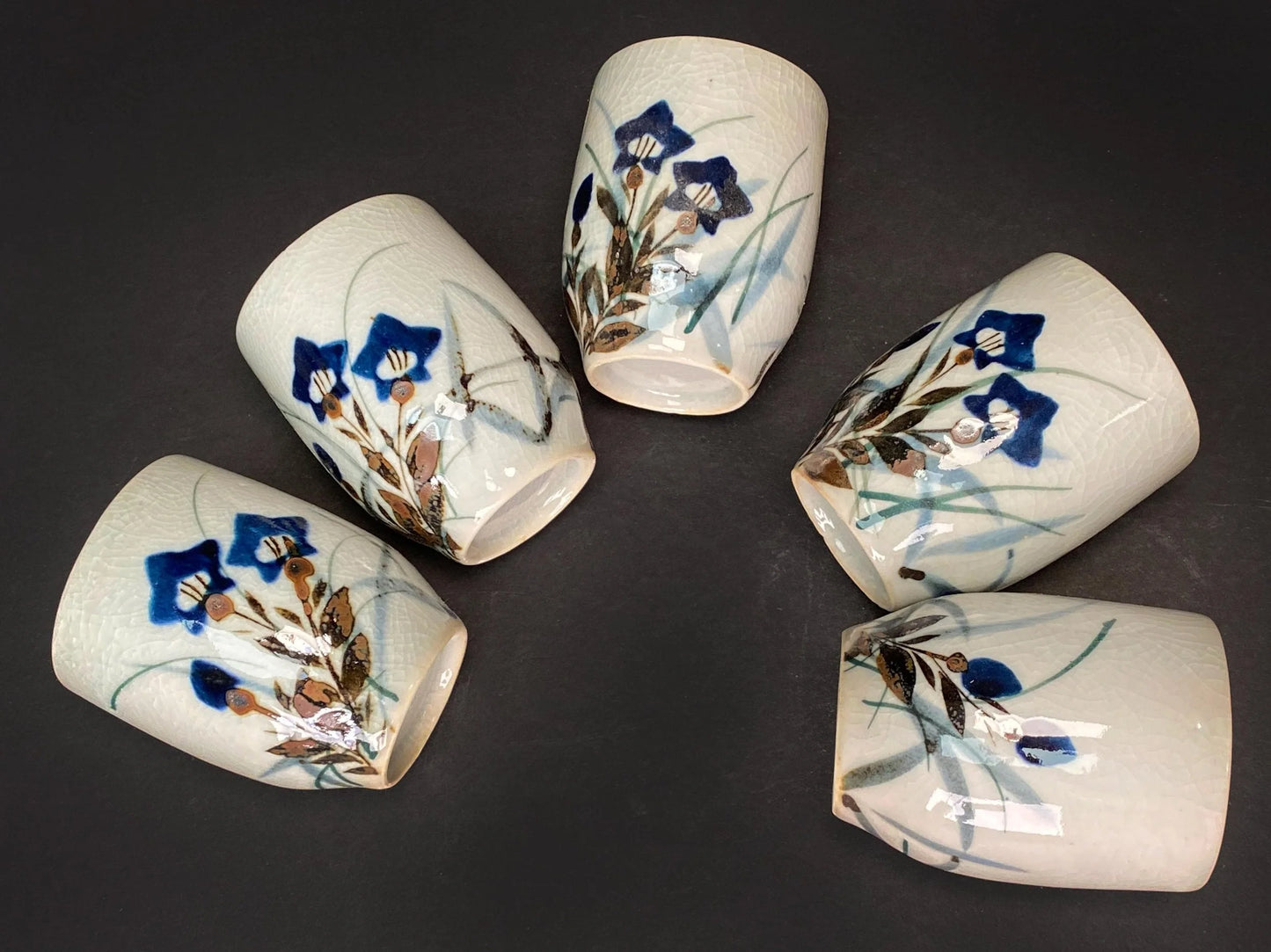 Japanese Yunomi Tea Cups Set of 5: Hand Painted Porcelain  floral cups with Crackle Glaze