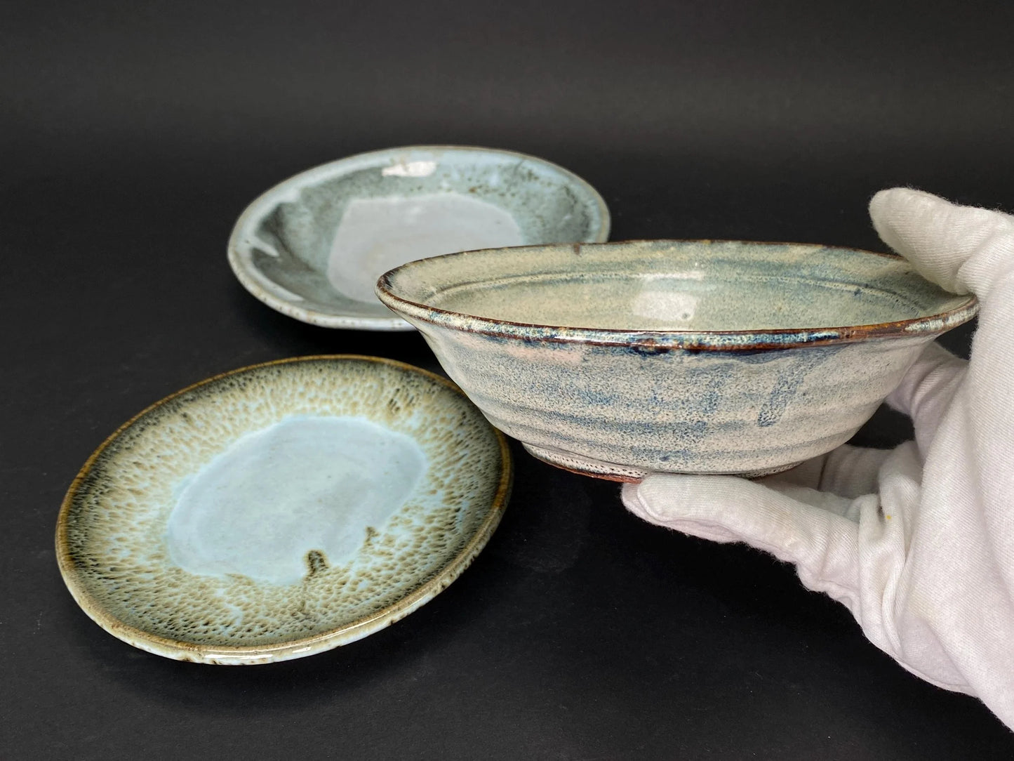 Kato Mino Ware Porcelain Bowl and Plate: Japanese Speckled Glaze Art Pottery