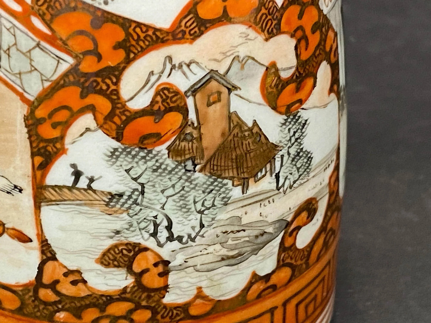 Antique Japanese Kutani Nishino Sake Bottle satsuma style Porcelain Tokkuri signed, Red & Gold Figurative collectible kutani sake bottle