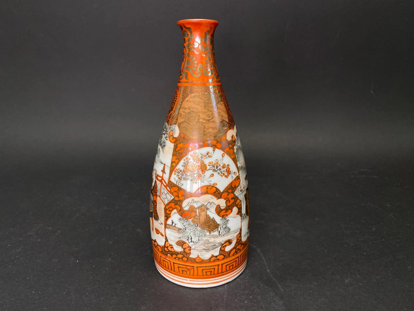 Antique Japanese Kutani Nishino Sake Bottle satsuma style Porcelain Tokkuri signed, Red & Gold Figurative collectible kutani sake bottle