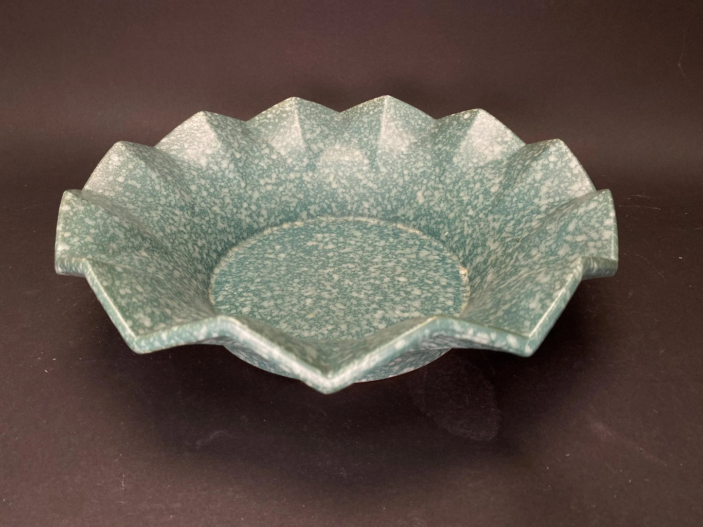 Japanese Speckled Green Ikebana Vase: Dia 11" Low Profile Big Stoneware Planter vintage Mint Condition