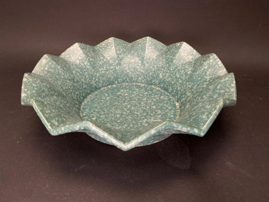 Japanese Speckled Green Ikebana Vase: Dia 11" Low Profile Big Stoneware Planter vintage Mint Condition