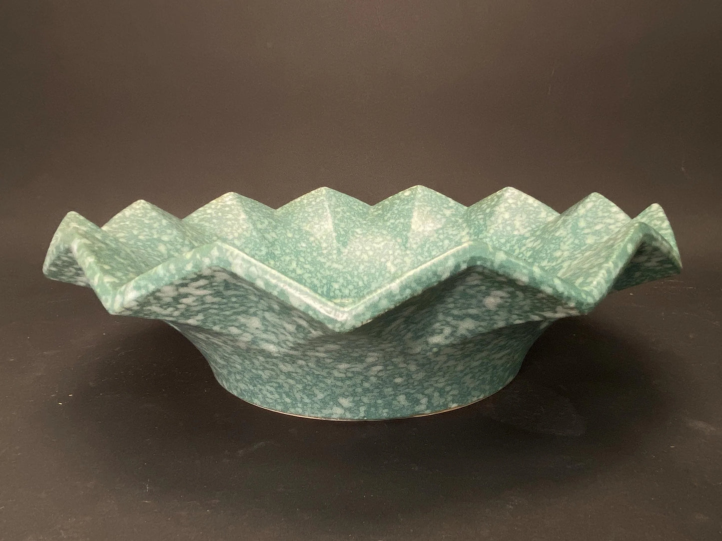 Japanese Speckled Green Ikebana Vase: Dia 11" Low Profile Big Stoneware Planter vintage Mint Condition