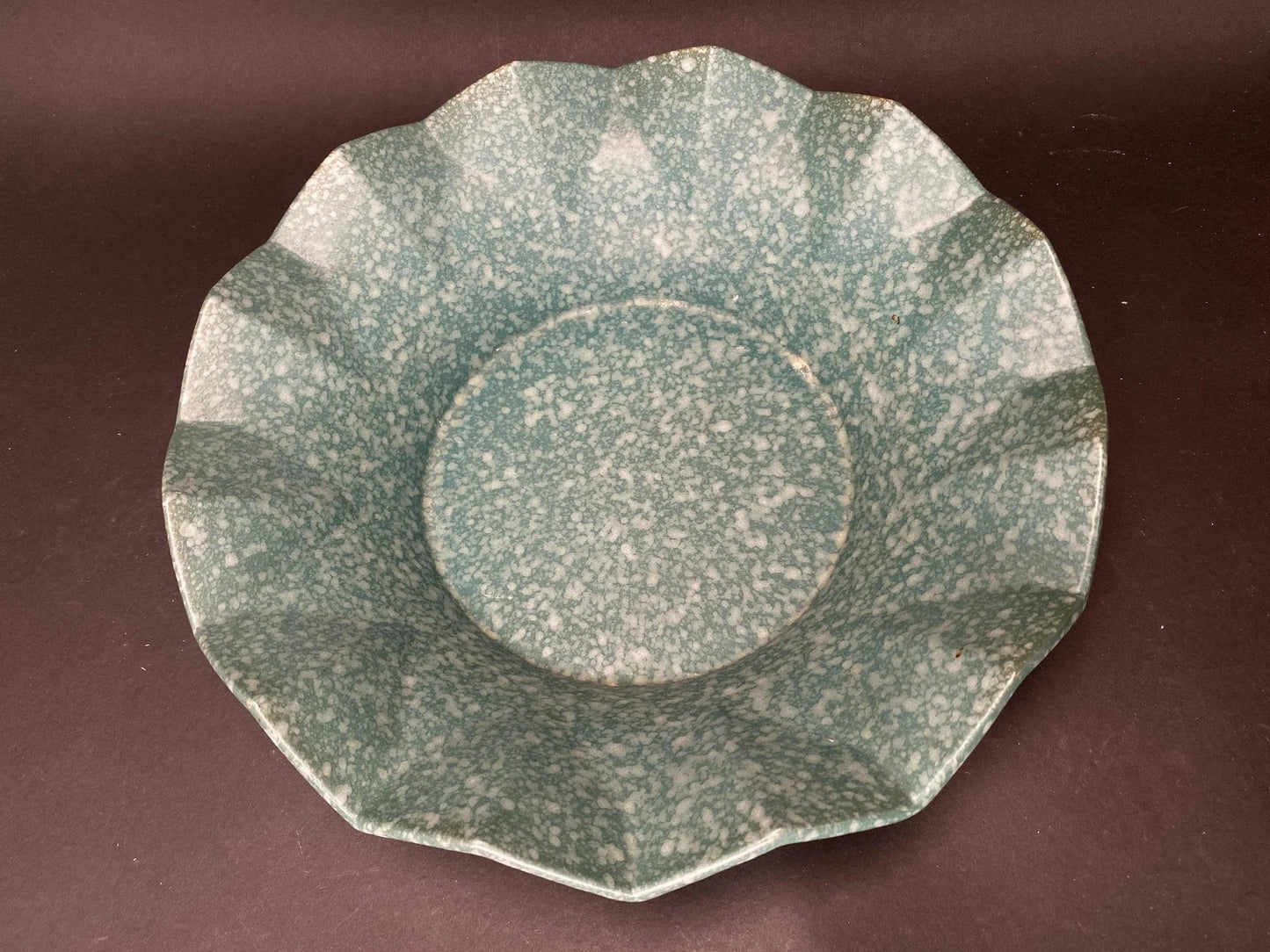 Japanese Speckled Green Ikebana Vase: Dia 11" Low Profile Big Stoneware Planter vintage Mint Condition