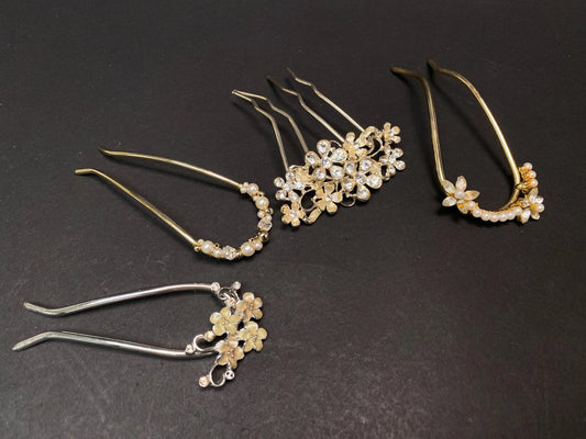 Kanzashi Kimono Geisha Elegant Pearl & Rhinestone Hairpins, U shape Tama Kushi Comb Hair Ornament