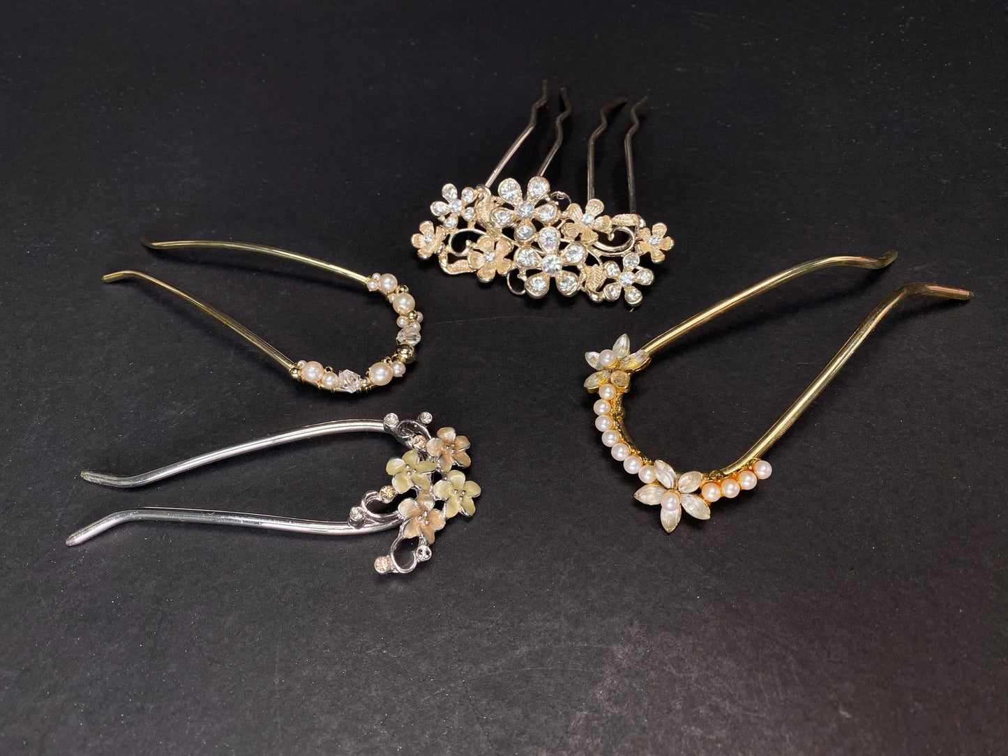 Kanzashi Kimono Geisha Elegant Pearl & Rhinestone Hairpins, U shape Tama Kushi Comb Hair Ornament