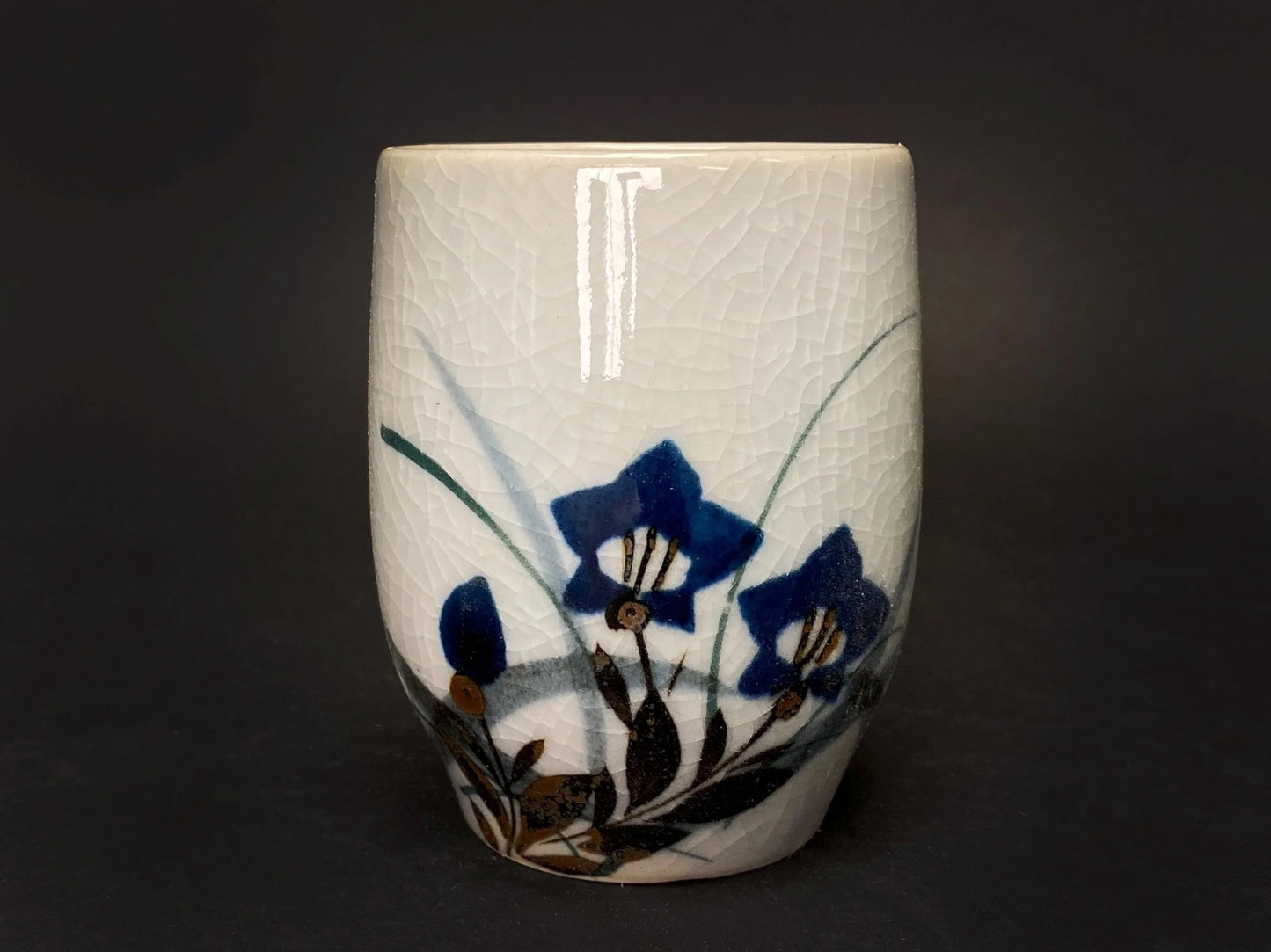 Japanese Yunomi Tea Cups Set of 5: Hand Painted Porcelain  floral cups with Crackle Glaze