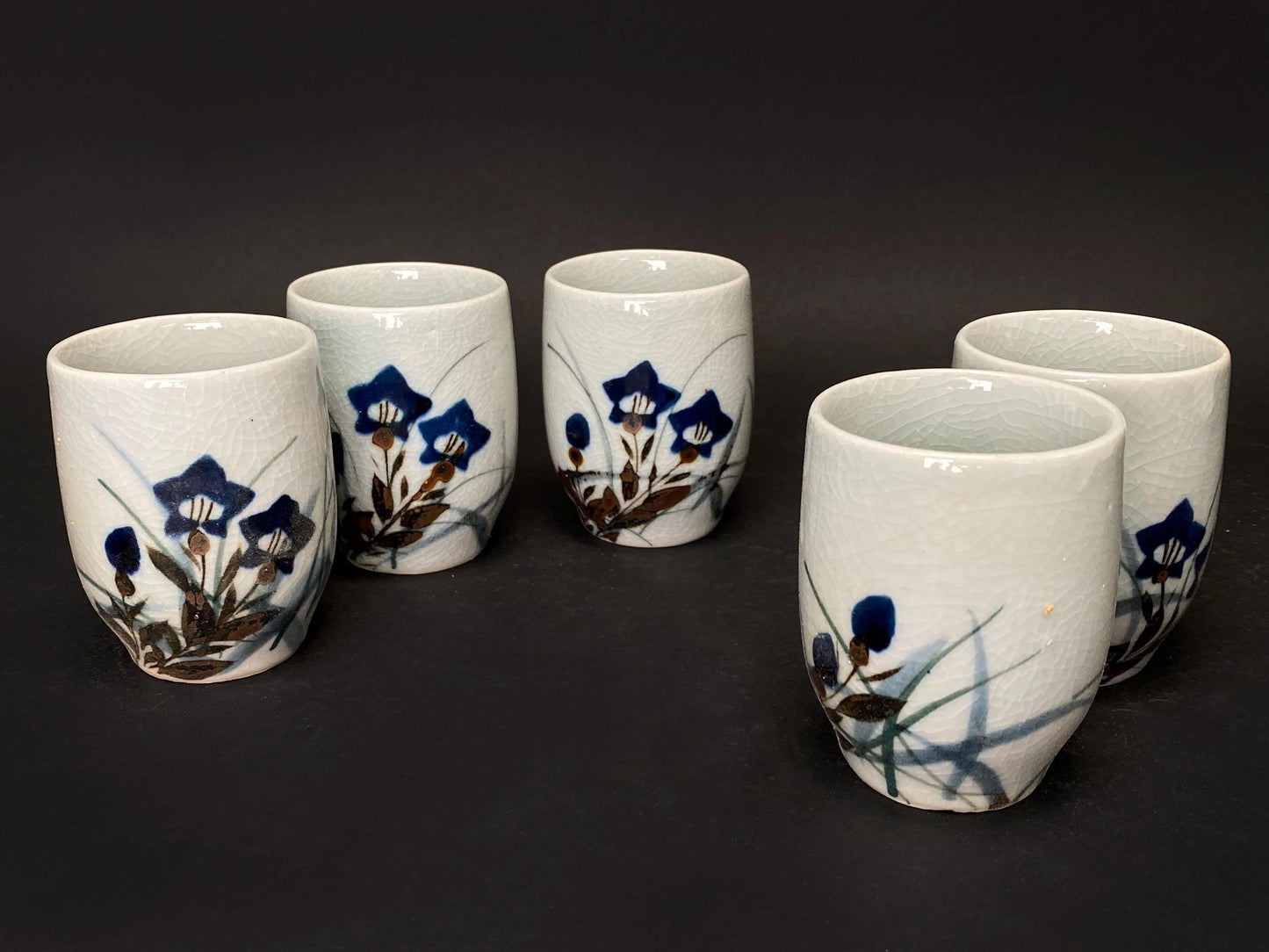 Japanese Yunomi Tea Cups Set of 5: Hand Painted Porcelain  floral cups with Crackle Glaze