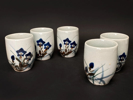 Japanese Yunomi Tea Cups Set of 5: Hand Painted Porcelain  floral cups with Crackle Glaze