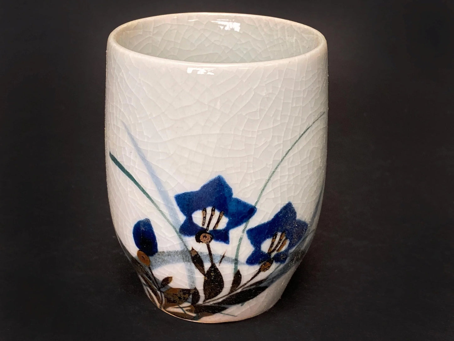 Japanese Yunomi Tea Cups Set of 5: Hand Painted Porcelain  floral cups with Crackle Glaze