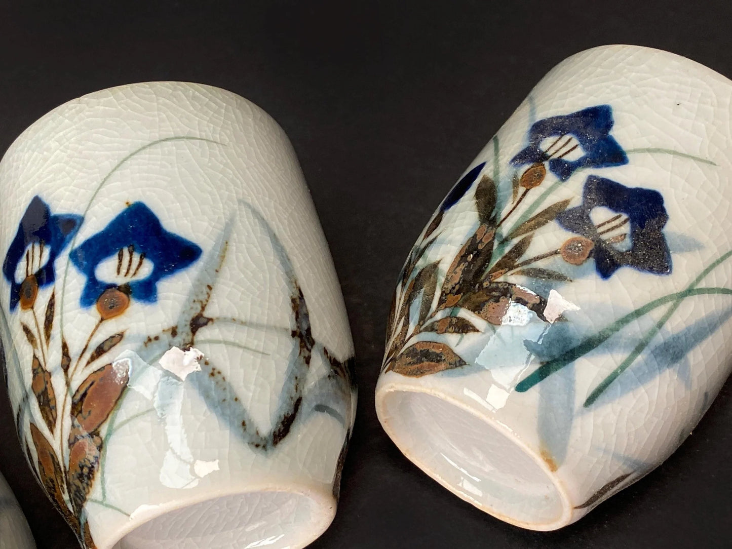 Japanese Yunomi Tea Cups Set of 5: Hand Painted Porcelain  floral cups with Crackle Glaze