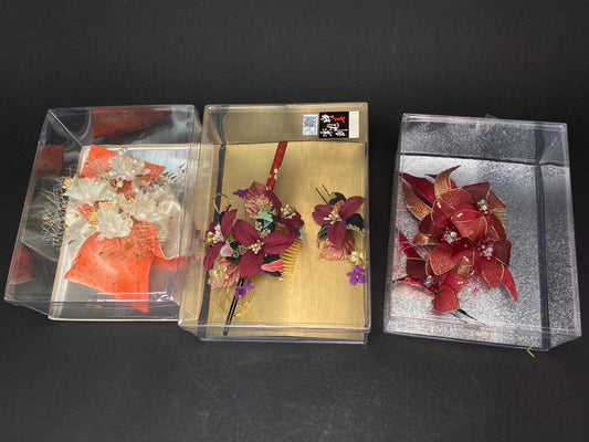 Kanzashi Hair Comb Pin Sets in Box 3 Styles: Floral Bow, Burgundy and Red Glitter Unused Japanese Bridal hair for Kimono, cosplay, wedding