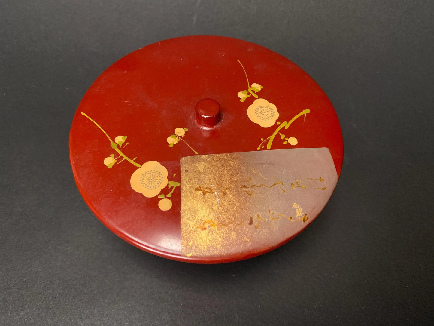 Red Lacquerware Wood Bowl with Lid: Red Urushi and Gold Makie Candy Box with Plum Blossom Design, Handmade Kashiki Tea Caddy