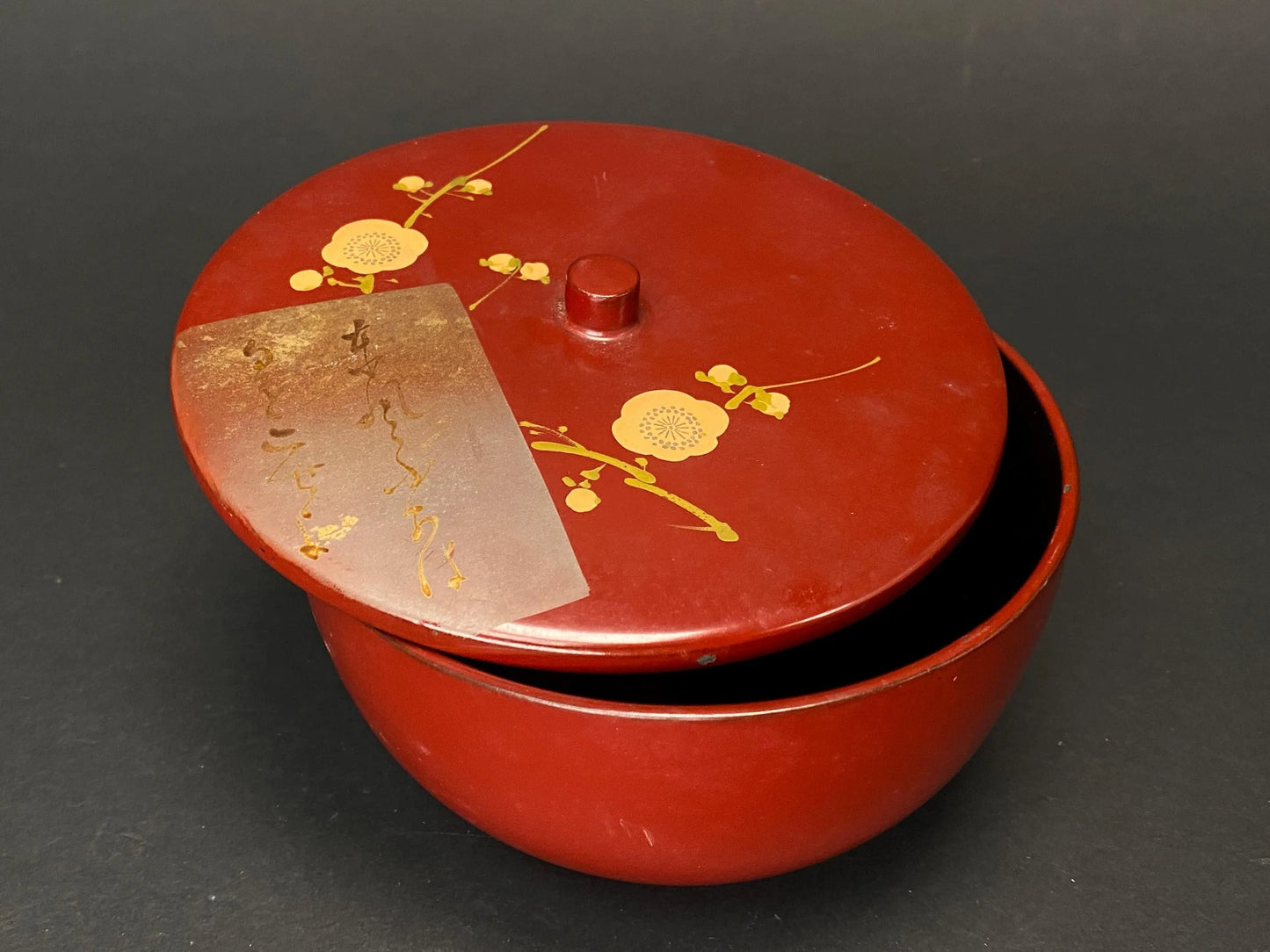 Red Lacquerware Wood Bowl with Lid: Red Urushi and Gold Makie Candy Box with Plum Blossom Design, Handmade Kashiki Tea Caddy