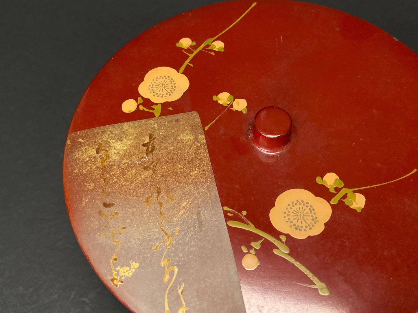 Red Lacquerware Wood Bowl with Lid: Red Urushi and Gold Makie Candy Box with Plum Blossom Design, Handmade Kashiki Tea Caddy