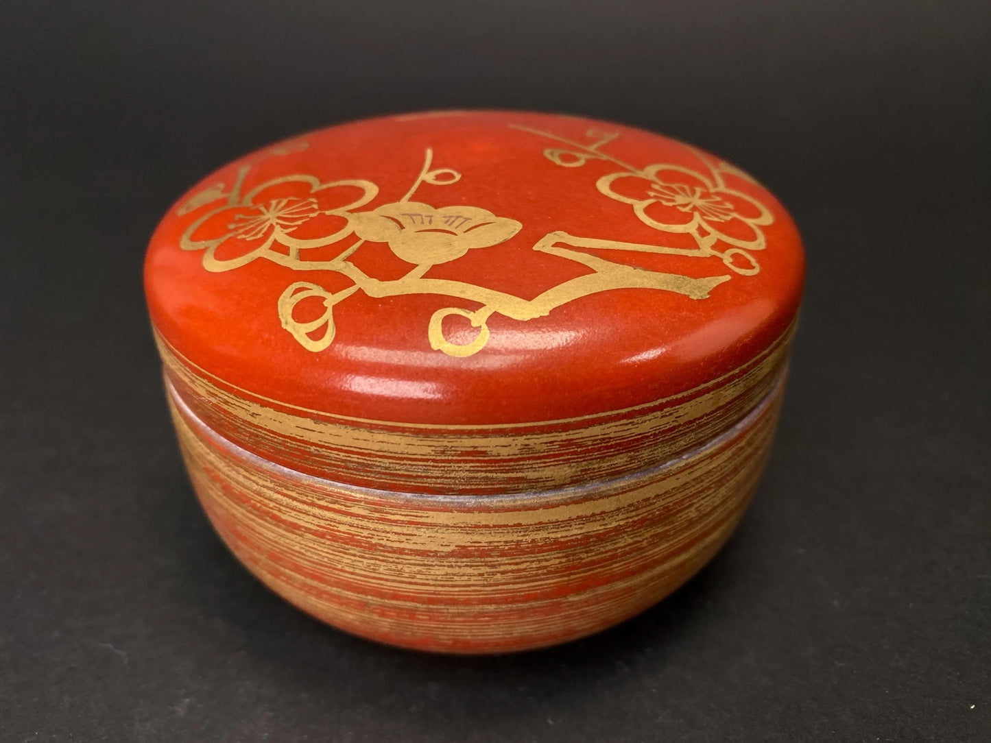 Kiyomizu Ware Lidded Container Red and White Pair of Trinket Box by Haoto: Hand painted gold plum blossom design