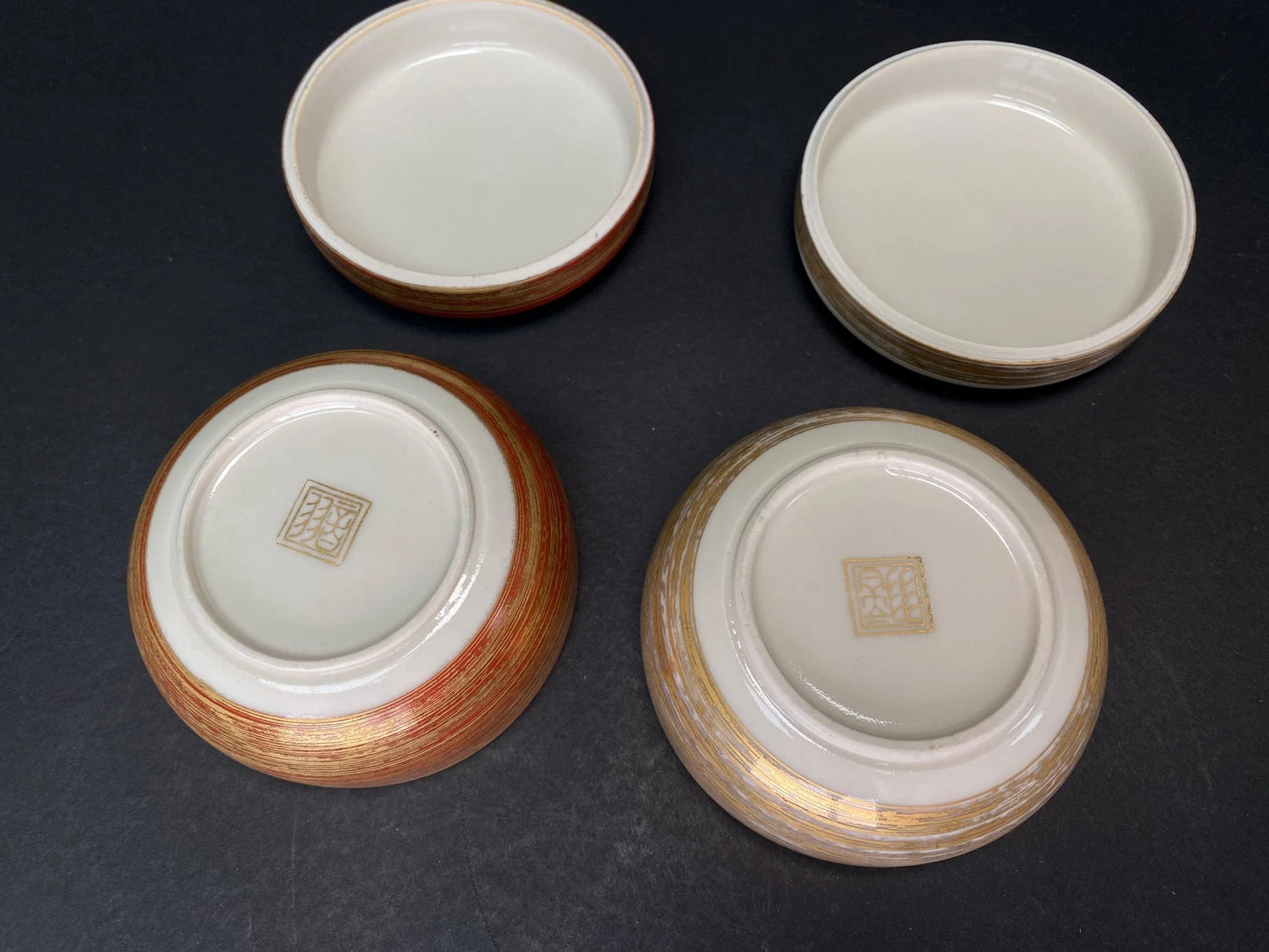 Kiyomizu Ware Lidded Container Red and White Pair of Trinket Box by Haoto: Hand painted gold plum blossom design