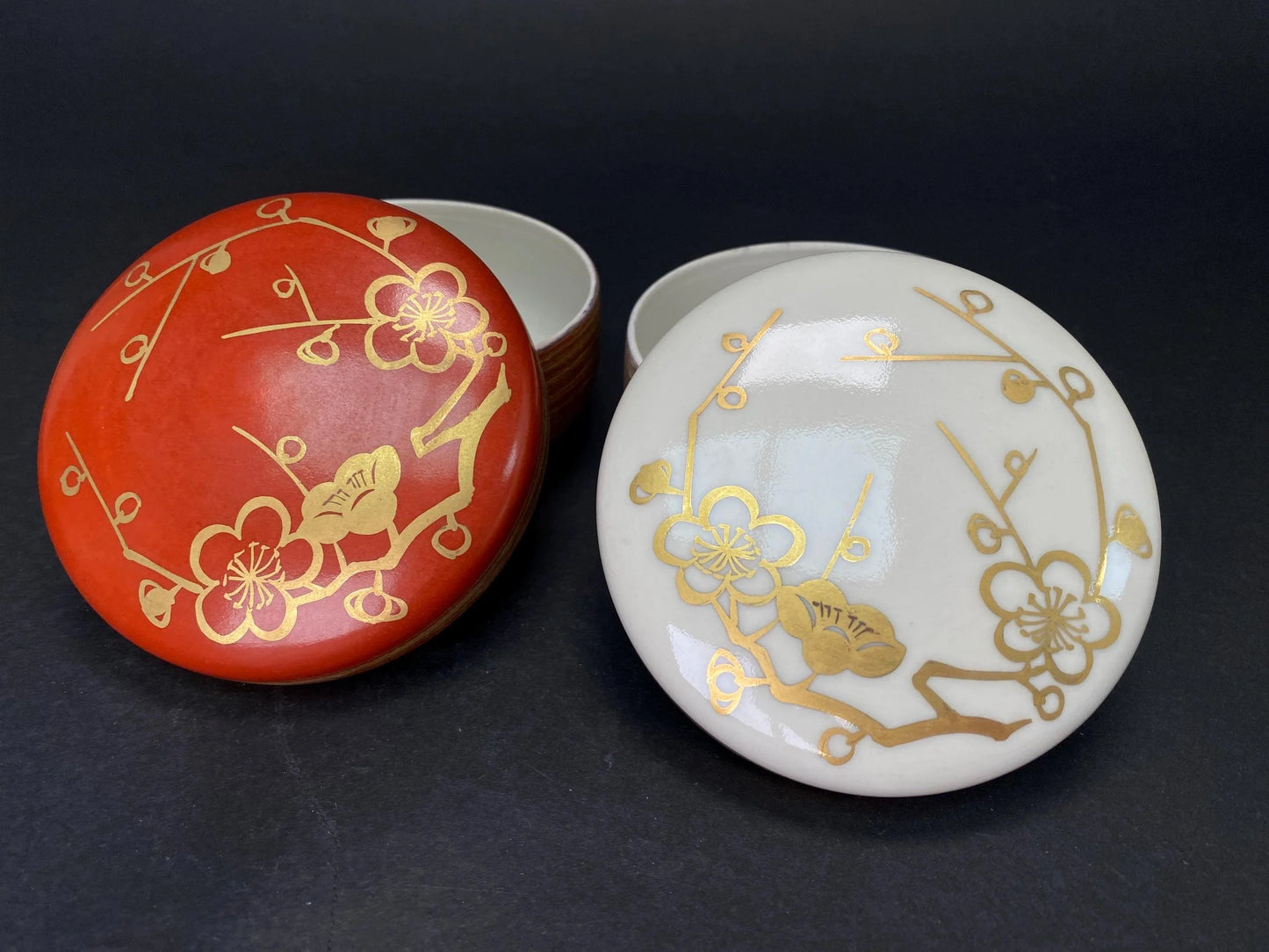 Kiyomizu Ware Lidded Container Red and White Pair of Trinket Box by Haoto: Hand painted gold plum blossom design