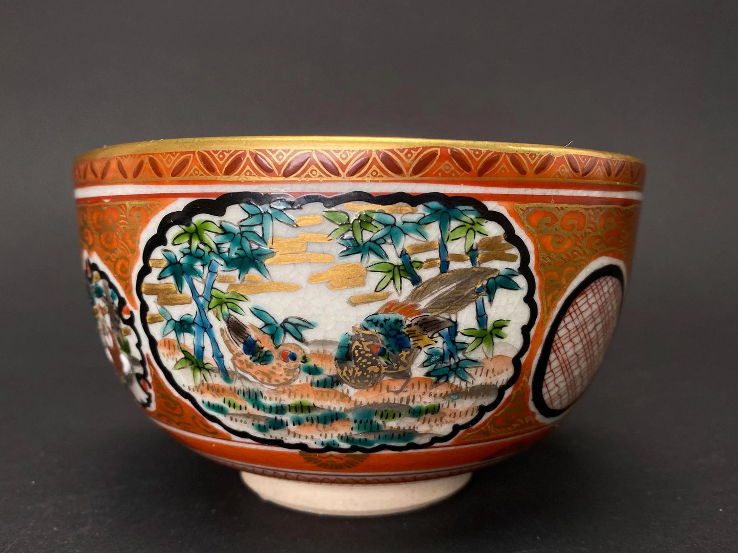Kutani Shoza Bowl Meiji Period Chawan:Japanese Akae Kinrande Pottery Signed Matcha Tea Bowl