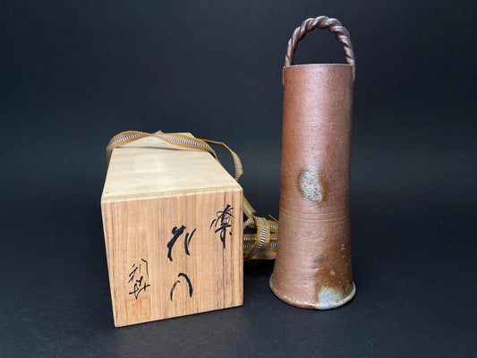 Bizen Ware Ikebana Vase Signed Japanese Pottery Kaki: Wabi Sabi Art Pottery Flower Twist Holder with Tomobako co-Box！