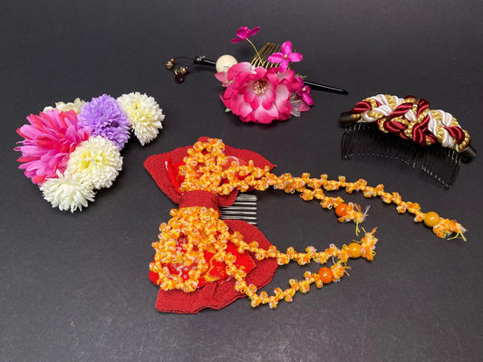 Japanese Kanzashi Hair Ornaments for Kimono Yukata 4 Styles: Floral Clips, Bows, and Braided Combs, Cosplay & Formal Wear Accessory