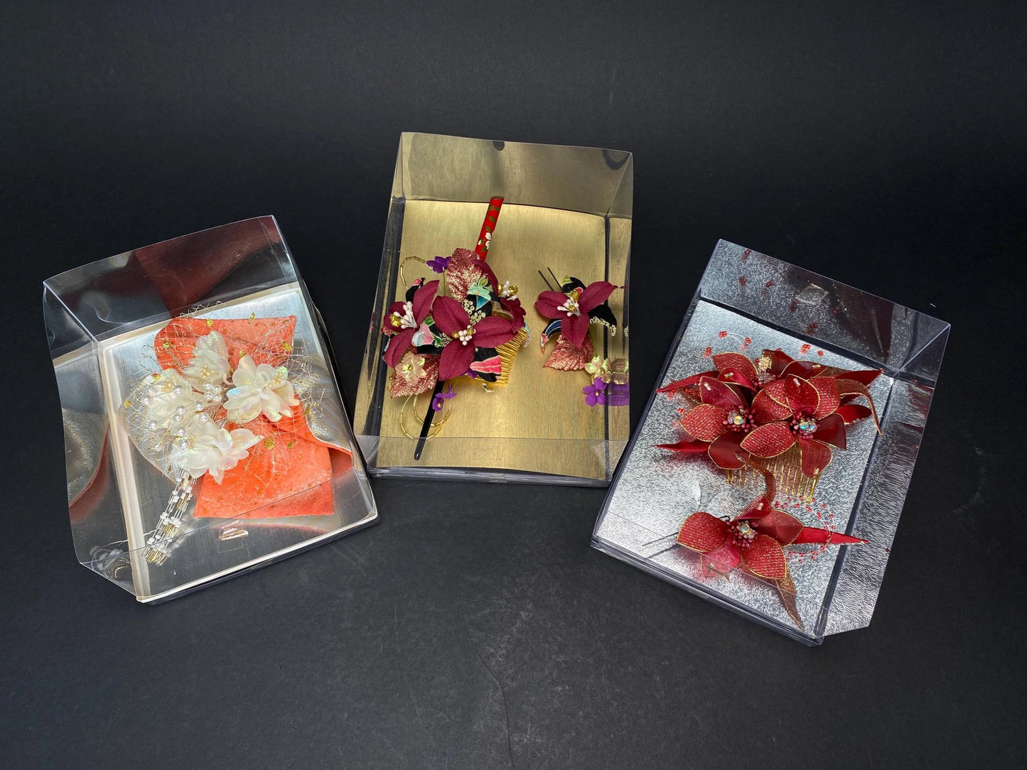 Kanzashi Hair Comb Pin Sets in Box 3 Styles: Floral Bow, Burgundy and Red Glitter Unused Japanese Bridal hair for Kimono, cosplay, wedding