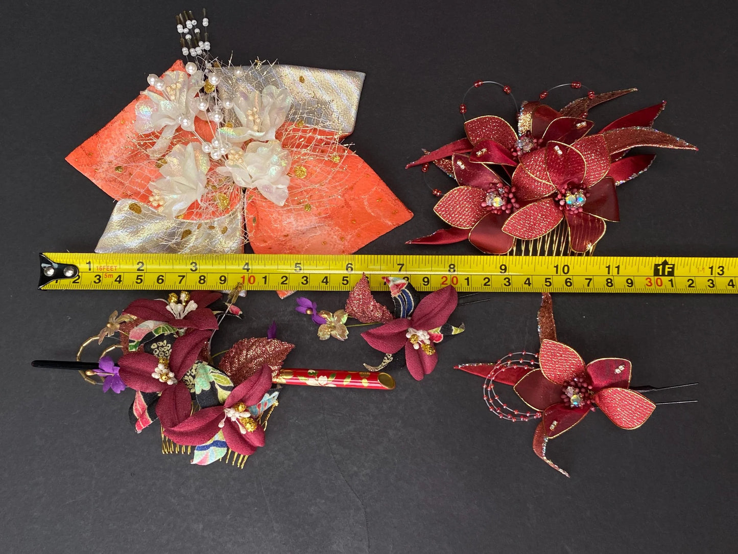 Kanzashi Hair Comb Pin Sets in Box 3 Styles: Floral Bow, Burgundy and Red Glitter Unused Japanese Bridal hair for Kimono, cosplay, wedding