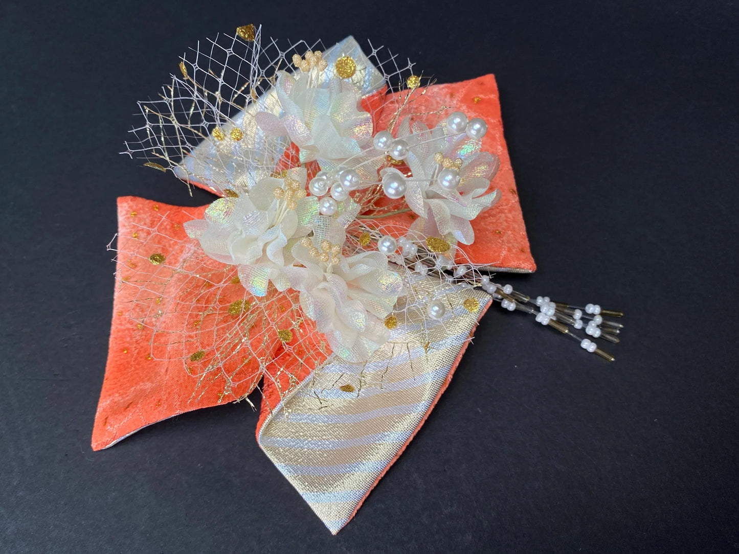 Kanzashi Hair Comb Pin Sets in Box 3 Styles: Floral Bow, Burgundy and Red Glitter Unused Japanese Bridal hair for Kimono, cosplay, wedding