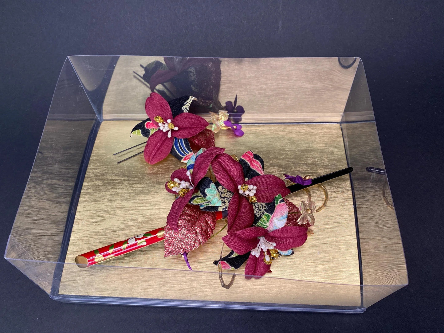 Kanzashi Hair Comb Pin Sets in Box 3 Styles: Floral Bow, Burgundy and Red Glitter Unused Japanese Bridal hair for Kimono, cosplay, wedding
