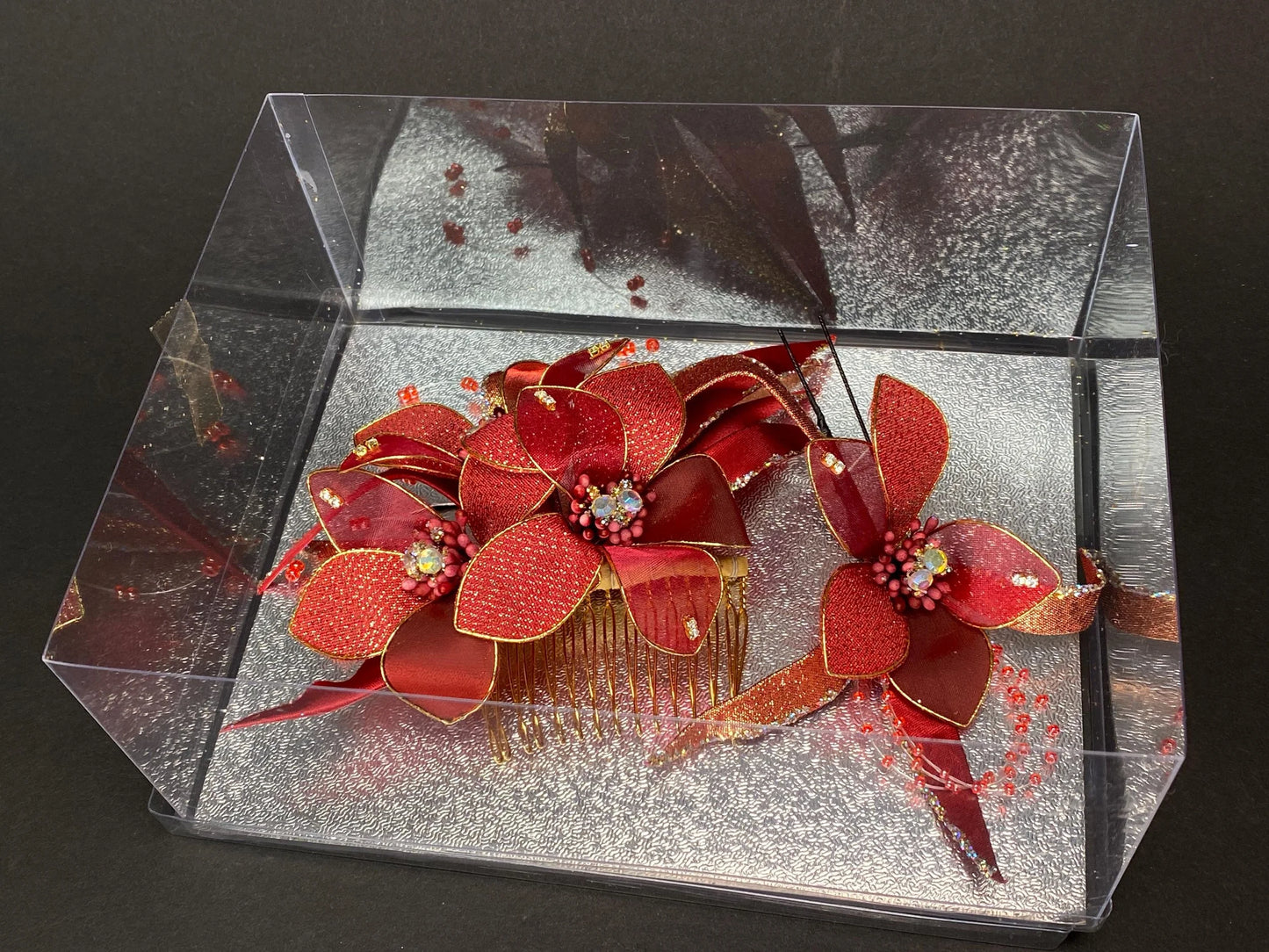 Kanzashi Hair Comb Pin Sets in Box 3 Styles: Floral Bow, Burgundy and Red Glitter Unused Japanese Bridal hair for Kimono, cosplay, wedding