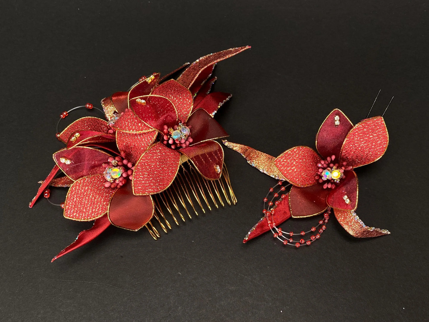 Kanzashi Hair Comb Pin Sets in Box 3 Styles: Floral Bow, Burgundy and Red Glitter Unused Japanese Bridal hair for Kimono, cosplay, wedding