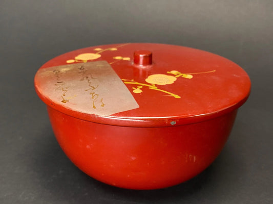 Red Lacquerware Wood Bowl with Lid: Red Urushi and Gold Makie Candy Box with Plum Blossom Design, Handmade Kashiki Tea Caddy