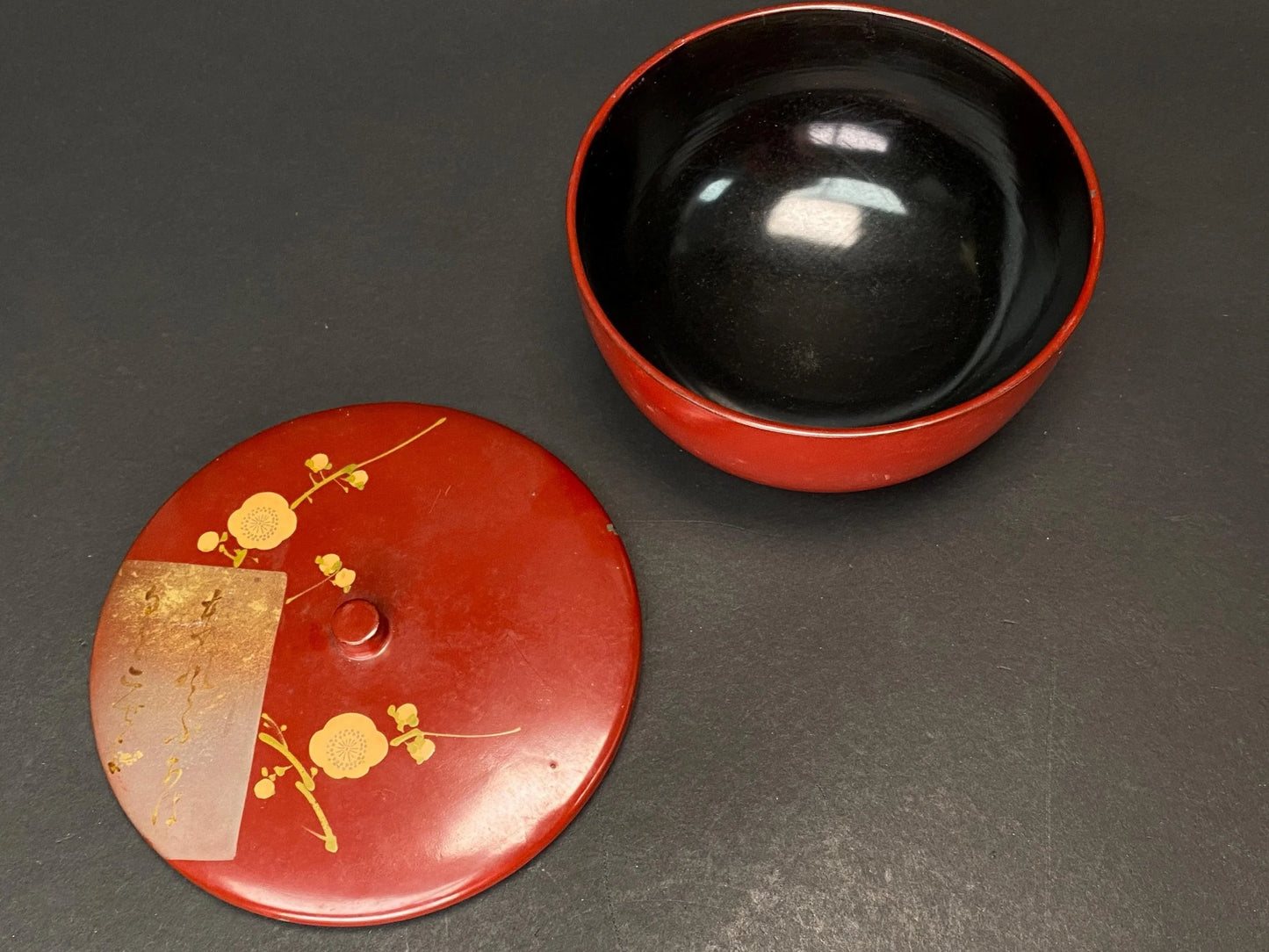 Red Lacquerware Wood Bowl with Lid: Red Urushi and Gold Makie Candy Box with Plum Blossom Design, Handmade Kashiki Tea Caddy