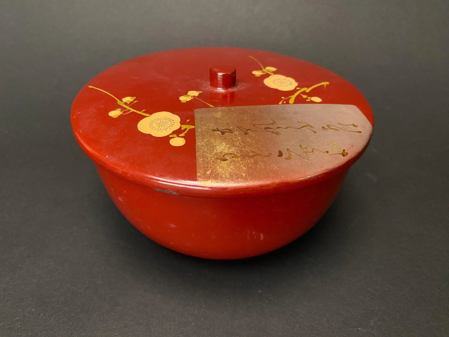 Red Lacquerware Wood Bowl with Lid: Red Urushi and Gold Makie Candy Box with Plum Blossom Design, Handmade Kashiki Tea Caddy