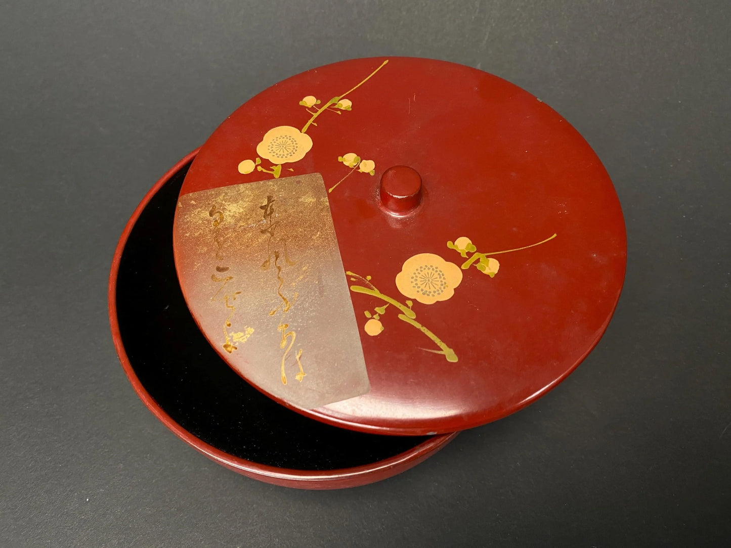 Red Lacquerware Wood Bowl with Lid: Red Urushi and Gold Makie Candy Box with Plum Blossom Design, Handmade Kashiki Tea Caddy