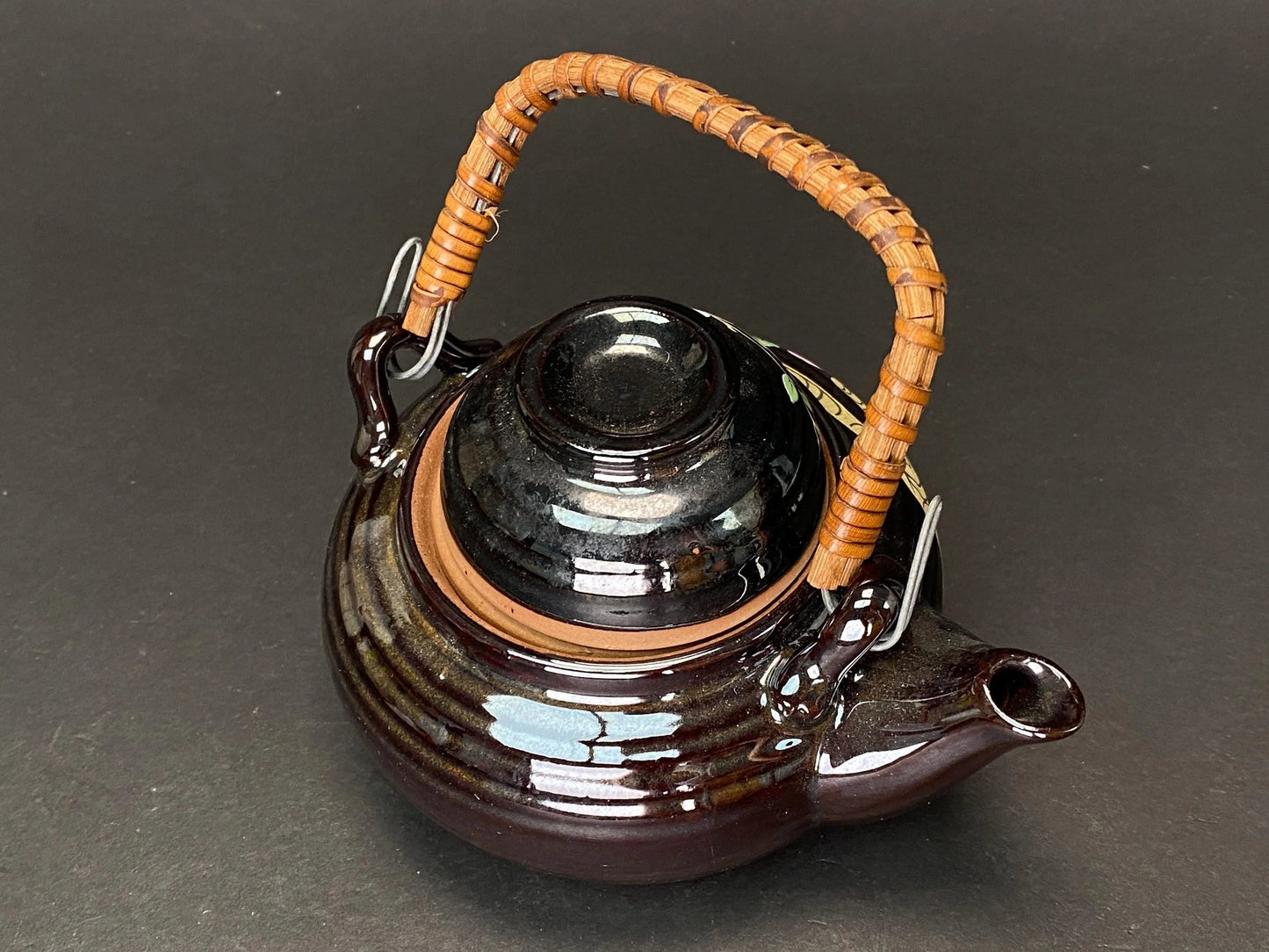 Japanese Teapot with Rattan Handle: Vintage Hand Painted Sakura Dobin, Black Ceramic Kyusu for Tea Ceremony Matcha kettle