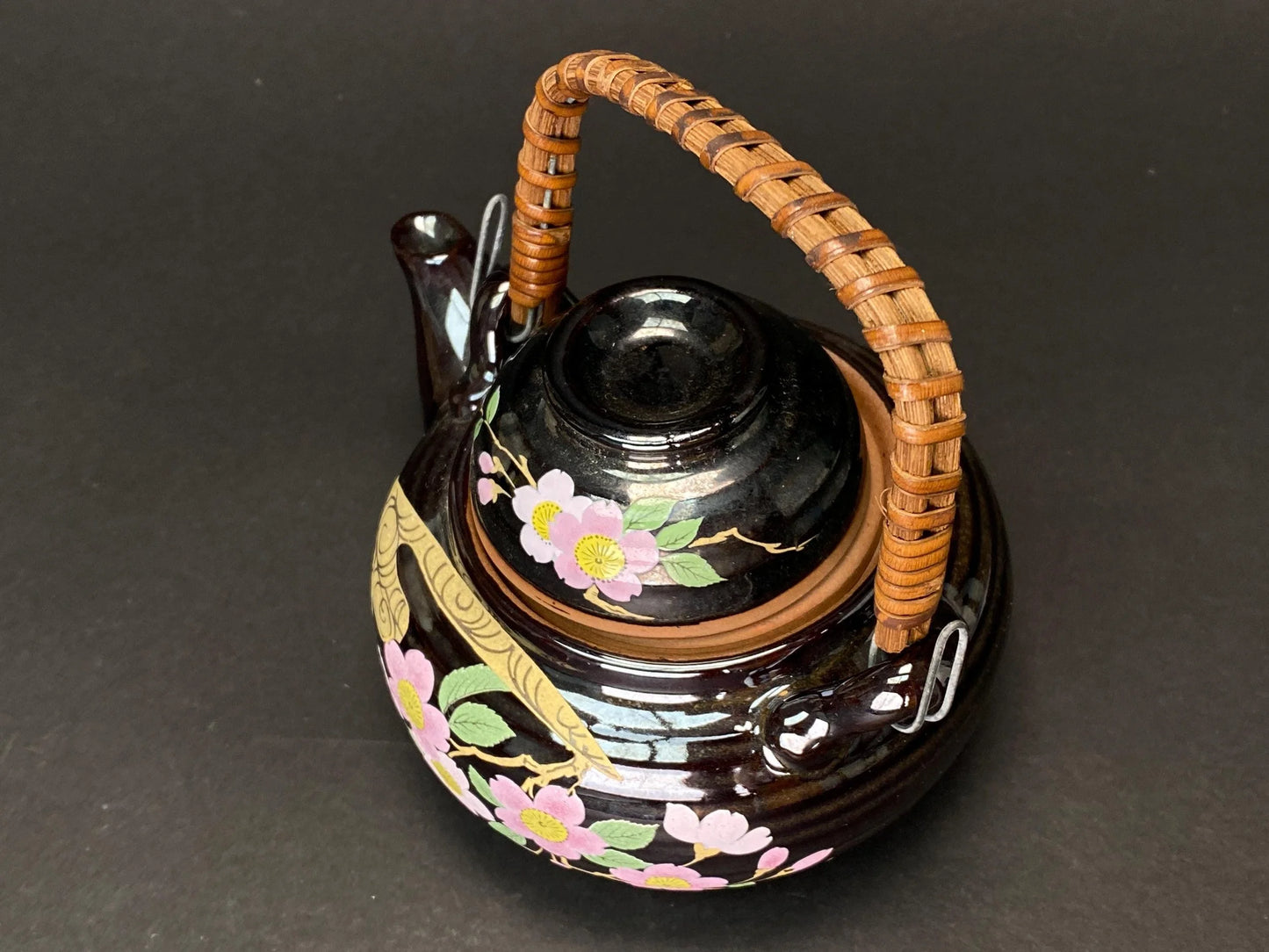 Japanese Teapot with Rattan Handle: Vintage Hand Painted Sakura Dobin, Black Ceramic Kyusu for Tea Ceremony Matcha kettle