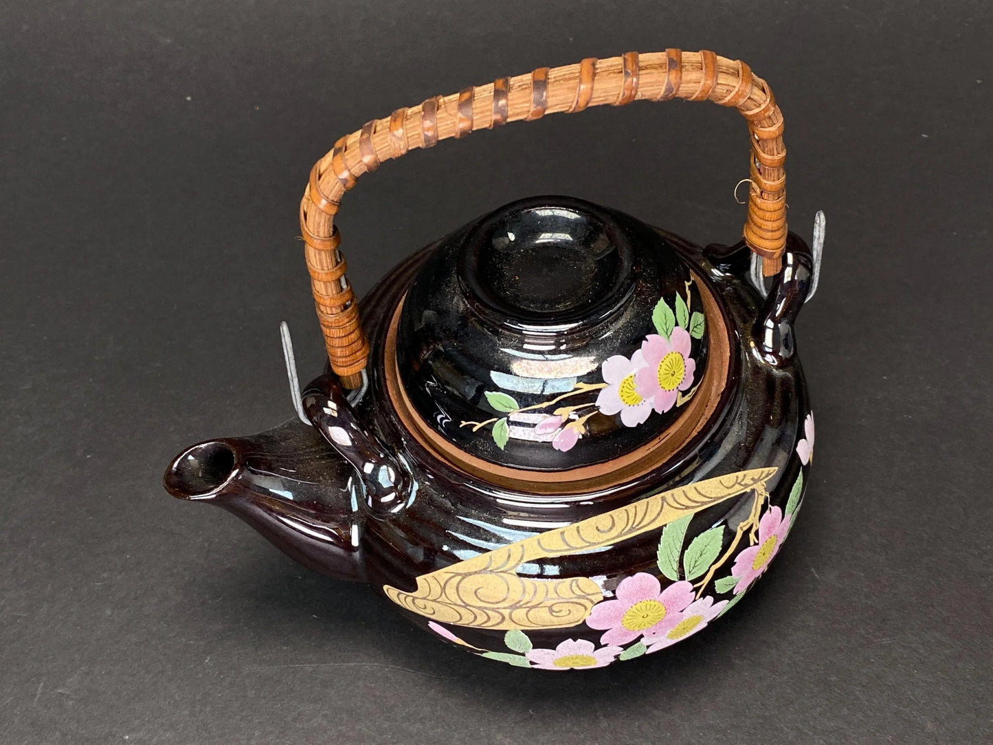 Japanese Teapot with Rattan Handle: Vintage Hand Painted Sakura Dobin, Black Ceramic Kyusu for Tea Ceremony Matcha kettle