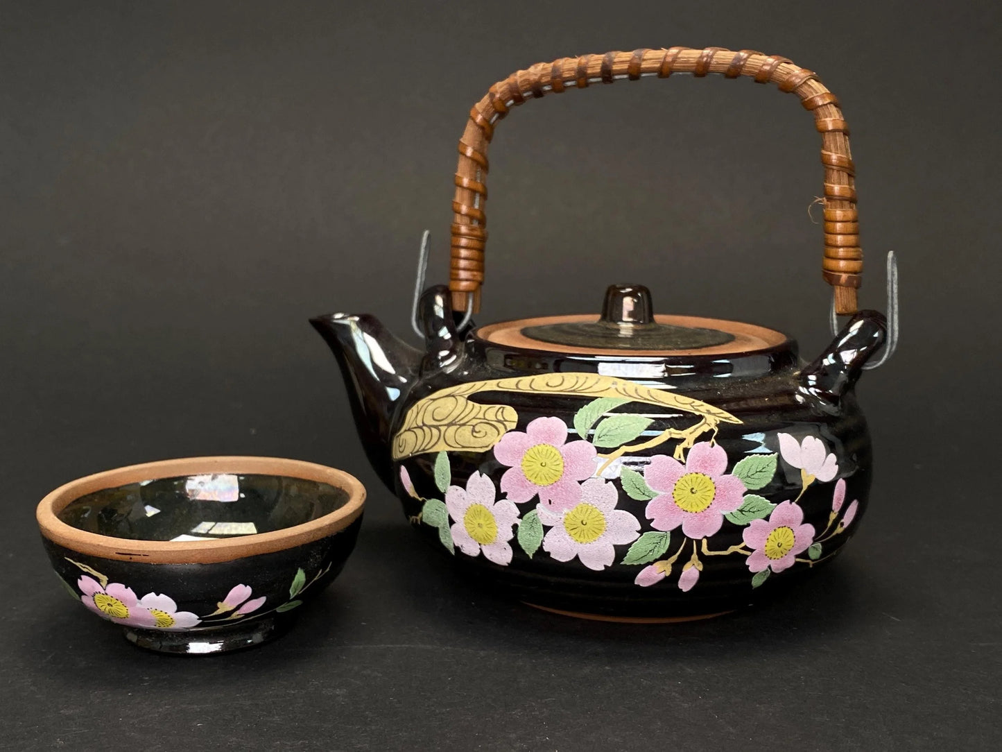 Japanese Teapot with Rattan Handle: Vintage Hand Painted Sakura Dobin, Black Ceramic Kyusu for Tea Ceremony Matcha kettle