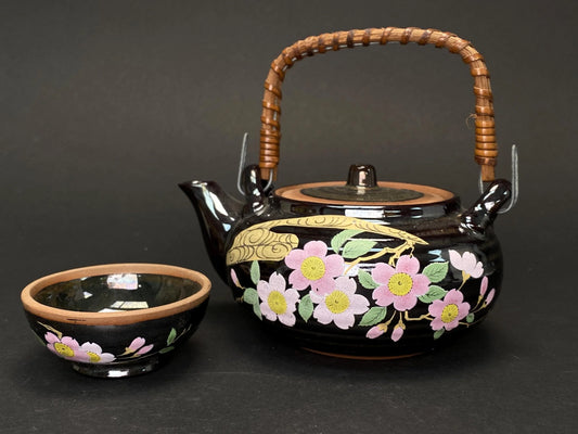 Japanese Teapot with Rattan Handle: Vintage Hand Painted Sakura Dobin, Black Ceramic Kyusu for Tea Ceremony Matcha kettle