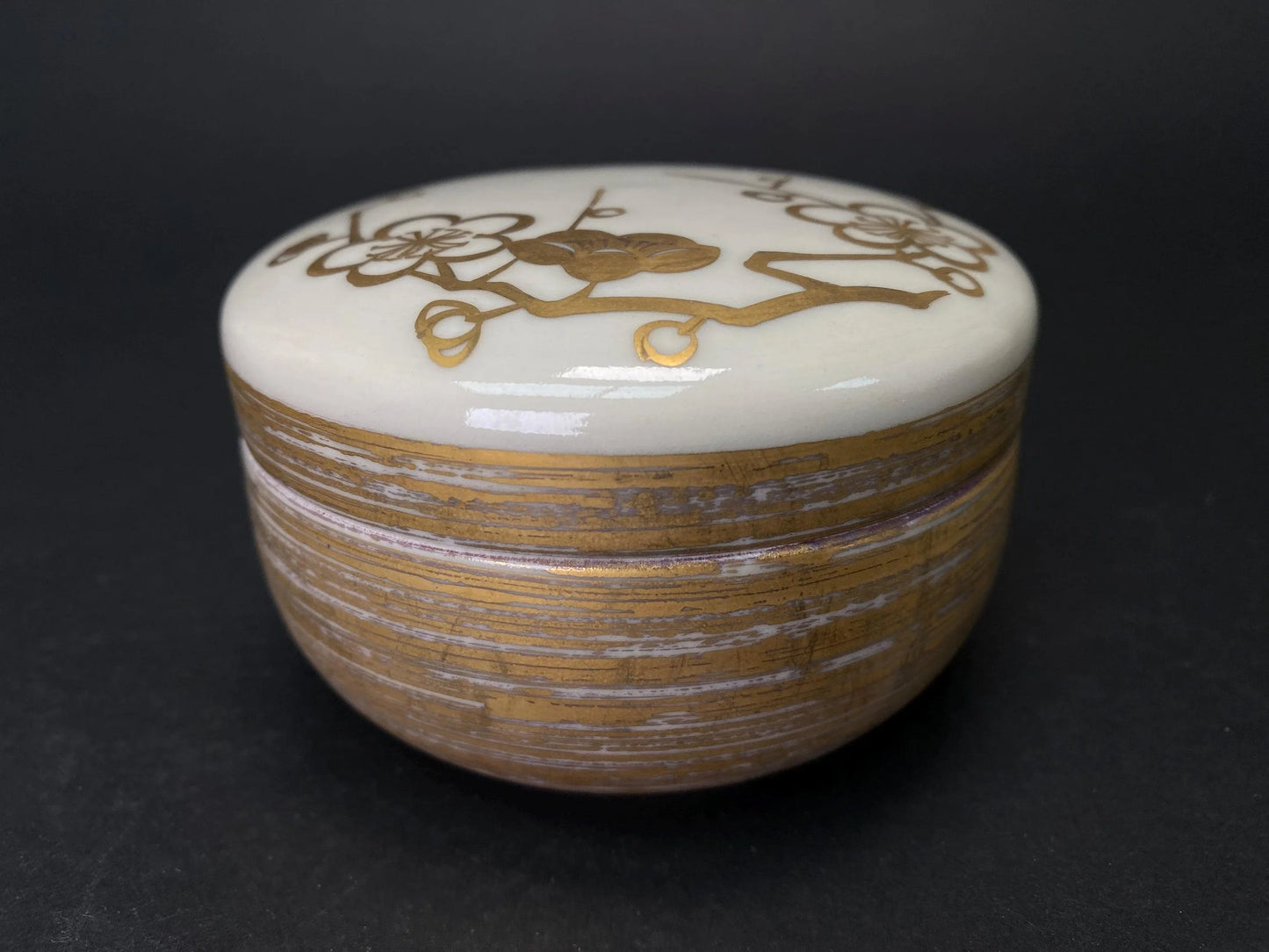 Kiyomizu Ware Lidded Container Red and White Pair of Trinket Box by Haoto: Hand painted gold plum blossom design