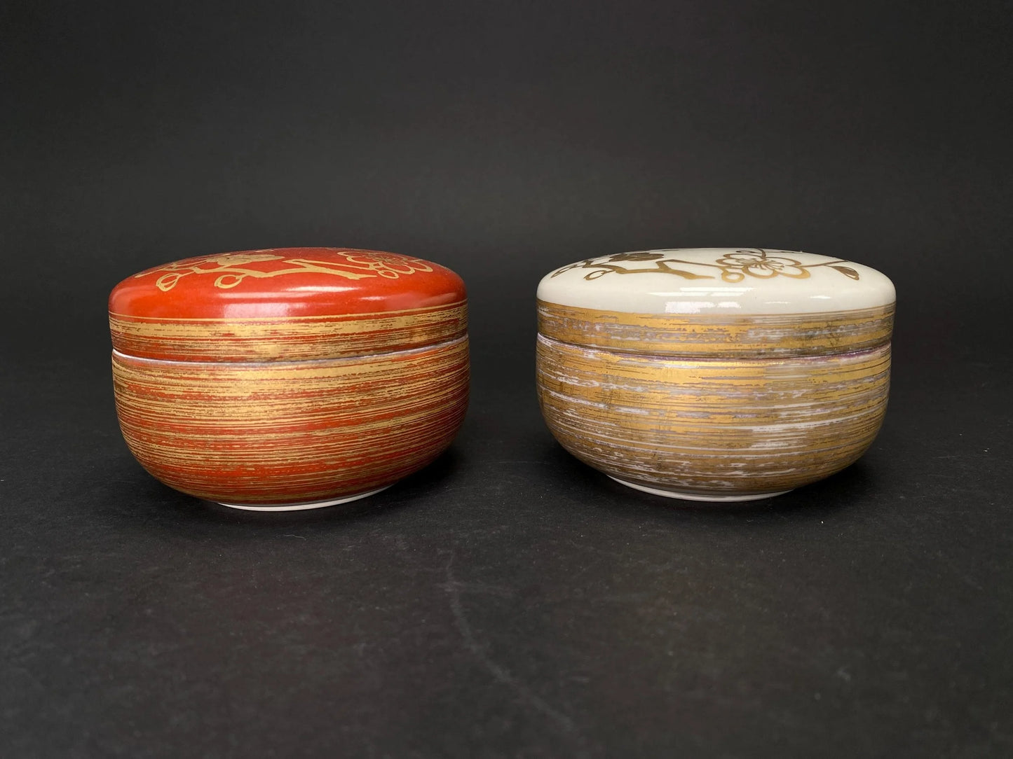 Kiyomizu Ware Lidded Container Red and White Pair of Trinket Box by Haoto: Hand painted gold plum blossom design