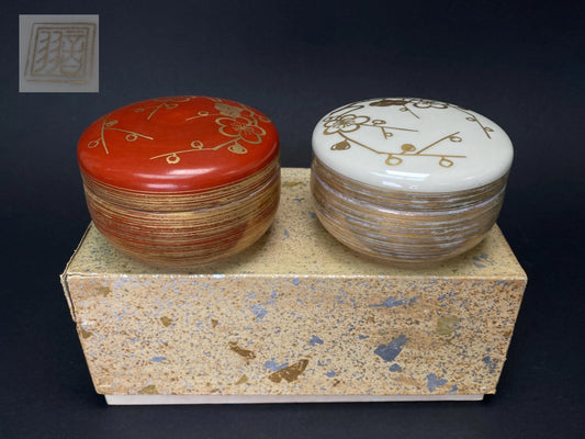 Kiyomizu Ware Lidded Container Red and White Pair of Trinket Box by Haoto: Hand painted gold plum blossom design
