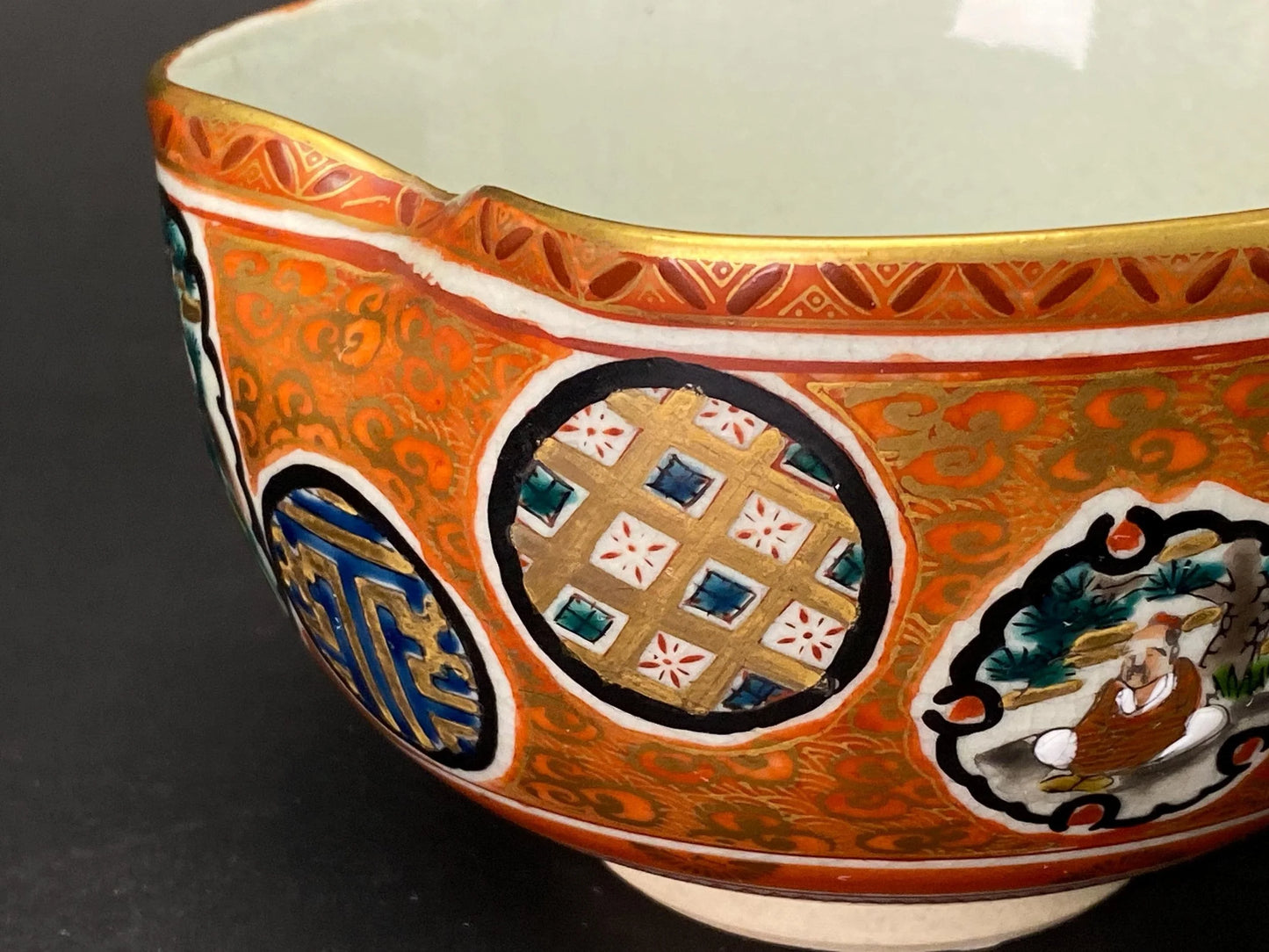 Kutani Shoza Bowl Meiji Period Chawan:Japanese Akae Kinrande Pottery Signed Matcha Tea Bowl