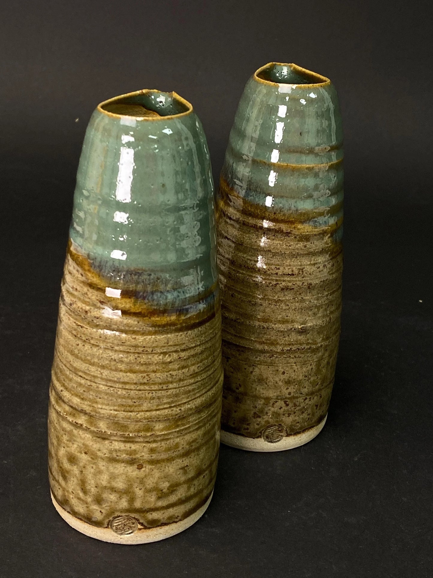 Sansuke Yaki Pair of Tokkuri Bottles by Hitoshi: Japanese Pottery Ishikawa Stoneware with Tomobako Wooden Box