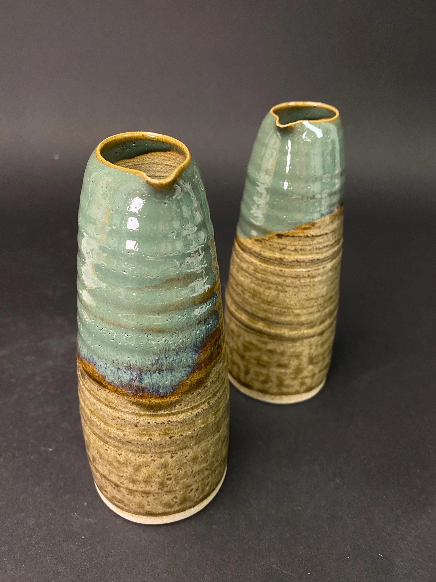 Sansuke Yaki Pair of Tokkuri Bottles by Hitoshi: Japanese Pottery Ishikawa Stoneware with Tomobako Wooden Box