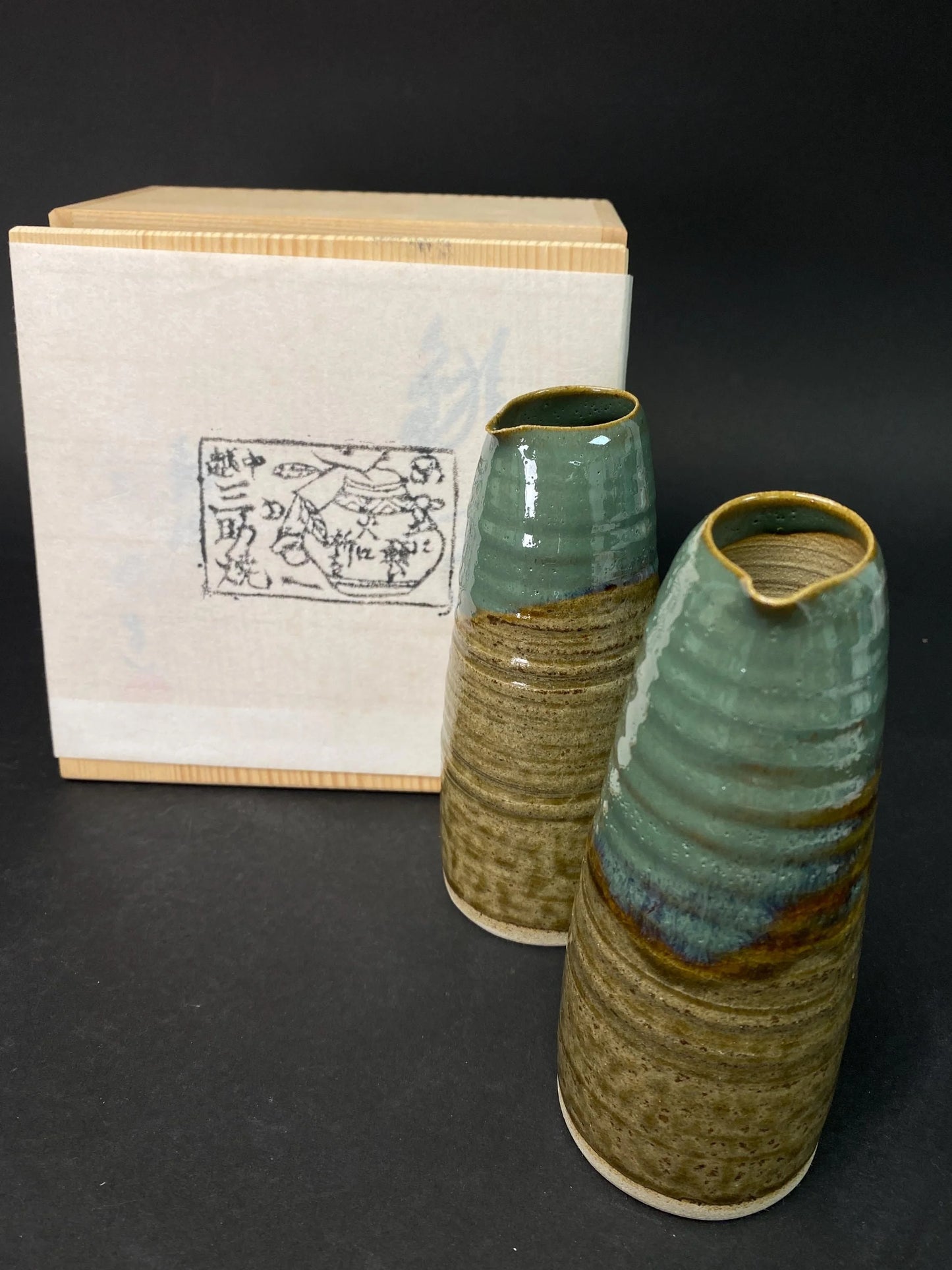Sansuke Yaki Pair of Tokkuri Bottles by Hitoshi: Japanese Pottery Ishikawa Stoneware with Tomobako Wooden Box